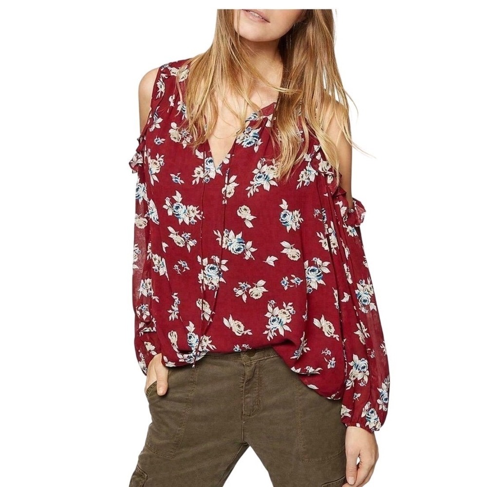 Sanctuary Blaire Cold Shoulder Floral Ruffle Blouse Burgundy XS B1007-R6G386